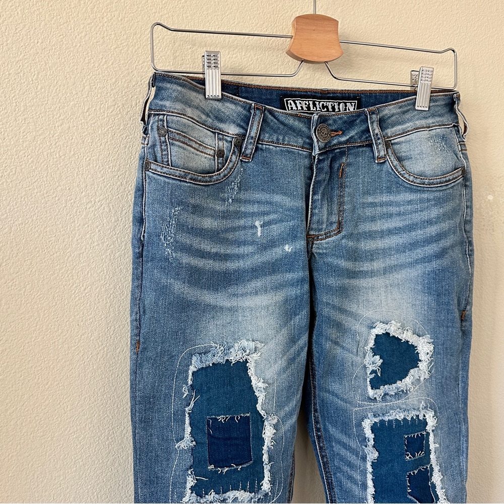 Affliction Blue Distressed Patchwork Low-Rise Ski… - image 3